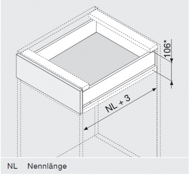 Schubkasten-Bausatz, Legrabox, Zargenhöhe 90 mm, Systemhöhe M, mit Korpusschiene 40/70 kg für Tip-On-Blumotion