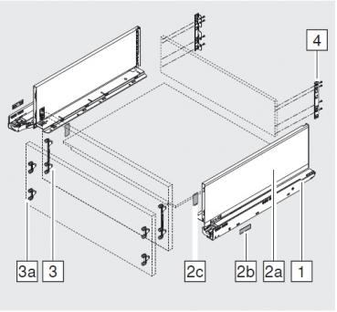 Schubkasten-Bausatz, Legrabox, Zargenhöhe 176 mm, Systemhöhe C, mit Korpusschiene 40/70 kg für Tip-On-Blumotion