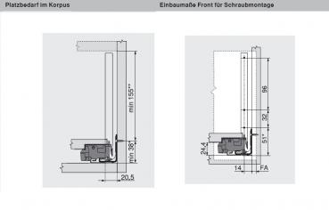 Schubkasten-Bausatz, Legrabox, Zargenhöhe 176 mm, Systemhöhe C, mit Korpusschiene 40/70 kg für Tip-On-Blumotion