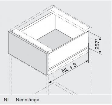 Schubkasten-Bausatz, Legrabox, Zargenhöhe 239 mm, Systemhöhe F, mit Korpusschiene 40/70 kg Blumotion