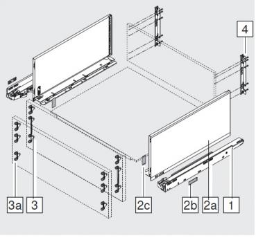 Schubkasten-Bausatz, Legrabox, Zargenhöhe 239 mm, Systemhöhe F, mit Korpusschiene 40/70 kg Blumotion