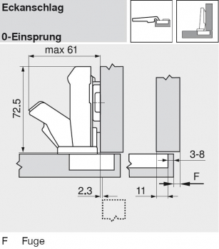 CLIP top BLUMOTION Weitwinkelscharnier für 0-Einsprung 155°, Eckanschlag, Topf: Schrauben, 71B7550