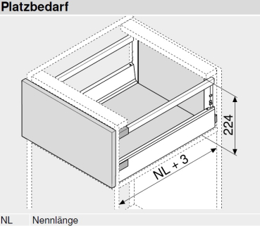 Schubkasten-Bausatz, Tandembox Antaro, Systemhöhe D 224mm mit Reling, mit Korpusschiene 30/65 kg Blumotion