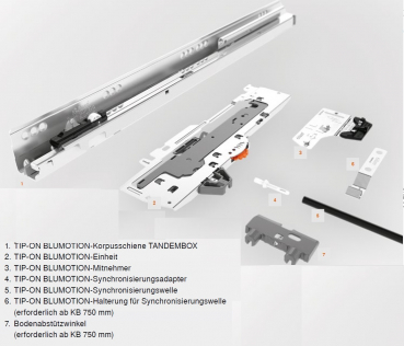 TIP-ON BLUMOTION Einheit für Tandembox, Typ S0,S1,L1,L3,L5 NL=270-650 mm, 0-65 kg, li/re