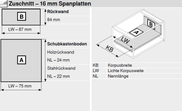 Frontauszug Schubkasten-Bausatz, Tandembox Antaro, Zargenhöhe 83 mm, Systemhöhe M, mit Korpusschiene 30/65 kg für Tip-On-Blumotion