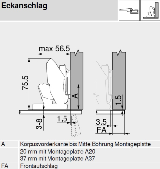 CLIP top CRISTALLO-Scharnier, 110°, gerade, ohne Feder, 70T4500CTL