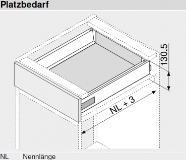 Frontauszug Schubkasten-Bausatz, Tandembox Antaro, Zargenhöhe 115 mm, Systemhöhe K, mit Korpusschiene 30/65 kg Blumotion