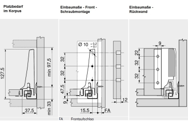 Frontauszug Schubkasten-Bausatz, Tandembox Antaro, Zargenhöhe 115 mm, Systemhöhe K, mit Korpusschiene 30/65 kg Blumotion