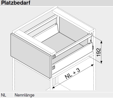 Schubkasten-Bausatz, Tandembox Antaro, Systemhöhe C 192mm mit Reling, mit Korpusschiene 30/65 kg für Tip-On-Blumotion