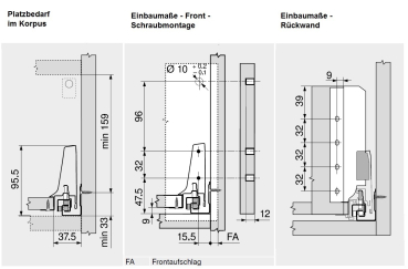 Schubkasten-Bausatz, Tandembox Antaro, Systemhöhe C 192mm mit Reling, mit Korpusschiene 30/65 kg für Tip-On-Blumotion