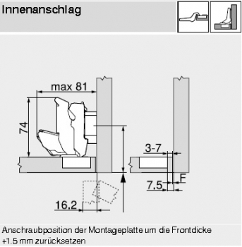 CLIP top BLUMOTION Weitwinkelscharnier für 0-Einsprung 155°, Mittelanschlag mit Feder Inserta, 71B7690