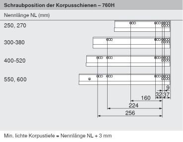 MOVENTO mit BLUMOTION S, Vollauszug für Holzschubkasten, 40 kg, NL=250mm, mit Kupplungen, für Blumotion, 760H2500S