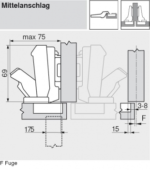 CLIP top Weitwinkelscharnier 170°, 9,5 mm gekröpft, mit Feder, Topf: Schrauben