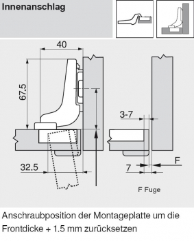 CLIP top Profiltürscharnier 95°, 18mm gekröpft, mit Feder, Topf: Schrauben