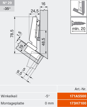 CLIP top BLUMOTION Winkelscharnier -30° III, max. aufschl., Topf: INSERTA