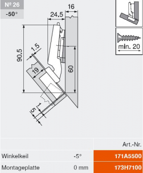 CLIP top BLUMOTION Winkelscharnier -45° III, max. aufschl., Topf: Schrauben