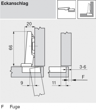 CLIP top Standardscharnier 100°, gerade, mit Feder, Topf: Einpressen