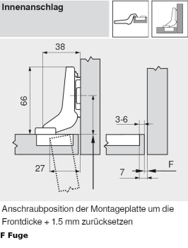 CLIP top Standardscharnier 100°, hochgekröpft, mit Feder, Topf: Einpressen