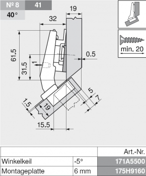 CLIP top Winkelscharnier +45° III, max. aufschlagend, ohne Feder, Topf: Schrauben