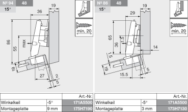 CLIP top Mini-Winkelscharnier 20° II, aufschlagend, mit Feder, Topf: Schrauben