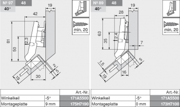 Restposten! CLIP top Mini-Winkelscharnier 45° II, aufschlagend, mit Feder, Topf: Schrauben