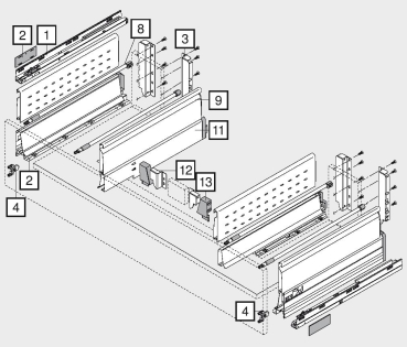 TANDEMBOX plus/antaro Spülenzarge, Höhe M=83 mm, RAL 9006 weißaluminium, NL=450-650mm, li/re