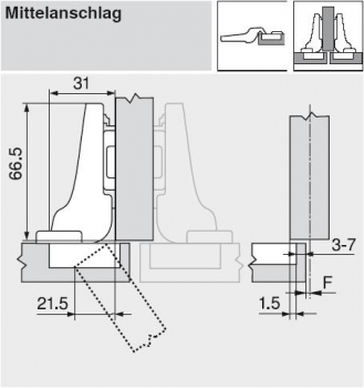 CLIP top Standardscharnier 110°, gekröpft, mit Feder, Topf, Schrauben