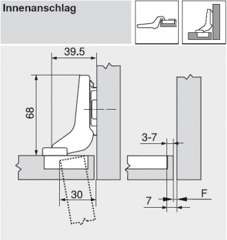 CLIP top Standardscharnier 110°, hochgekröpft, mit Feder, Topf: Schrauben