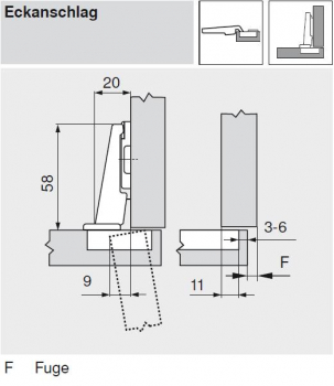 MODUL Standardscharnier 100°, Eckanschlag, Topf: Schrauben