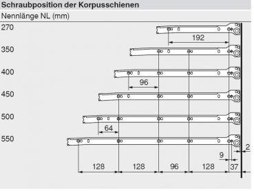 blum METABOX Stahlzarge N = 54 mm, Teilauszug, 25 kg, NL=270 mm, Schraubversion