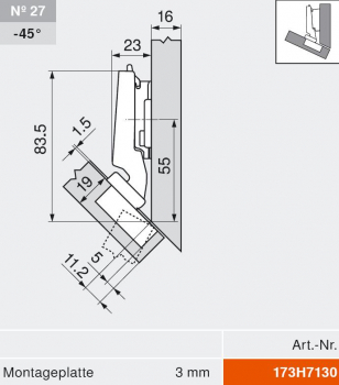 CLIP top BLUMOTION Winkelscharnier -45° III, max. aufschl., Topf: INSERTA