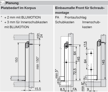 blum METABOX Stahlzarge H = 150mm, Teilauszug, 25 kg, NL=350 mm, Schraubversion