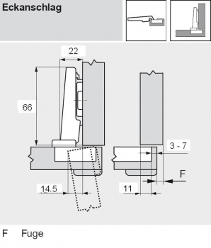 CLIP top BLUMOTION Profiltürscharnier 95°, Eckanschlag, Topf: Einpressen