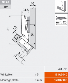 CLIP top BLUMOTION Winkelscharnier -45° III, max. aufschl., Topf: INSERTA