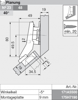 CLIP top Winkelscharnier +45° I, halbaufschlagend, ohne Feder, Topf: Schrauben