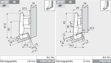 CLIP top Mini-Winkelscharnier 20° II, aufschlagend, mit Feder, Topf: Schrauben