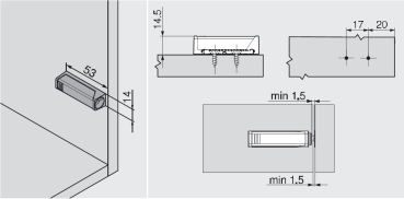 TIP-ON für Türen, Adapterplatte Kurzversion gerade, zum Schrauben (20/17mm) schwarz