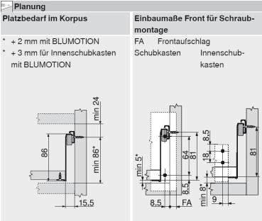 blum METABOX Stahlzarge M = 86 mm, Teilauszug, 25 kg, NL=350 mm, Schraubversion