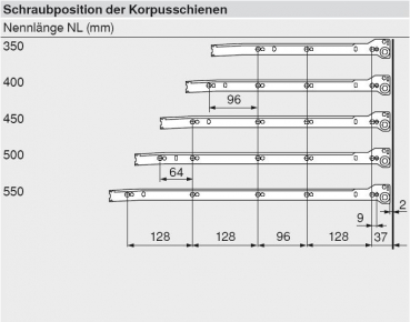 blum METABOX Stahlzarge K = 118 mm, Teilauszug, 25 kg, NL=350 mm, Schraubversion