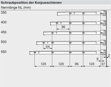 blum METABOX Stahlzarge K = 118 mm, Teilauszug, 25 kg, NL=400 mm, Schraubversion