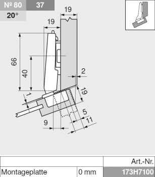 CLIP top Mini-Winkelscharnier 20° II, aufschlagend, mit Feder, Topf: Schrauben