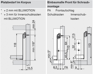 blum METABOX Stahlzarge K = 118 mm, Teilauszug, 25 kg, NL=350 mm, Schraubversion