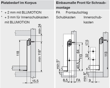 blum METABOX Stahlzarge K = 118 mm, Teilauszug, 25 kg, NL=500 mm, Schraubversion