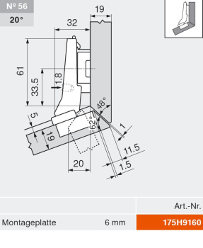 CLIP top BLUMOTION Winkelscharnier 20° II, aufschlagend, Topf: INSERTA