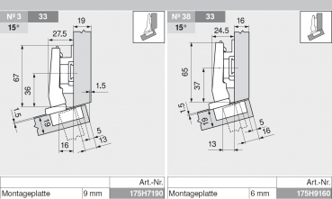 CLIP top Winkelscharnier +15° III, max. aufschlagend, ohne Feder, Topf: Schrauben