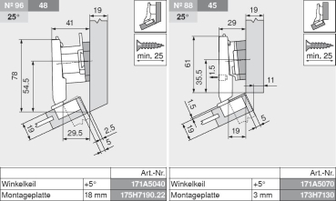 CLIP top Mini-Winkelscharnier 20° II, aufschlagend, mit Feder, Topf: Schrauben