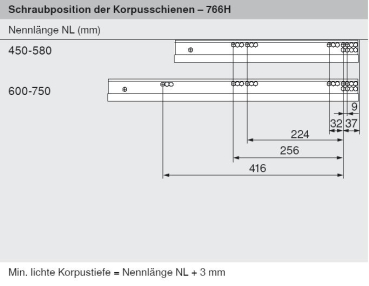 MOVENTO mit TIP-ON, Vollauszug für Holzschubkasten, 60 kg, NL= 450mm, mit Kupplungen