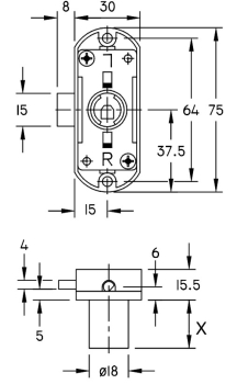 Drehstangenschloss zum Anschr Dornmaß 15mm, Plattenstärke 32mm, links / rechts