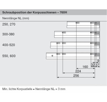 MOVENTO mit BLUMOTION S, Vollauszug für Holzschubkasten, 70 kg, NL=520mm, mit Kupplungen, für TIP-ON-Blumotion, 766H5200S