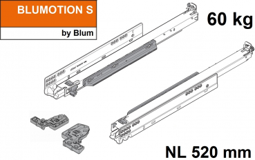 MOVENTO mit BLUMOTION S, Vollauszug für Holzschubkasten, 60 kg, NL=520mm, mit Kupplungen, für TIP-ON-Blumotion, 766H5200S
